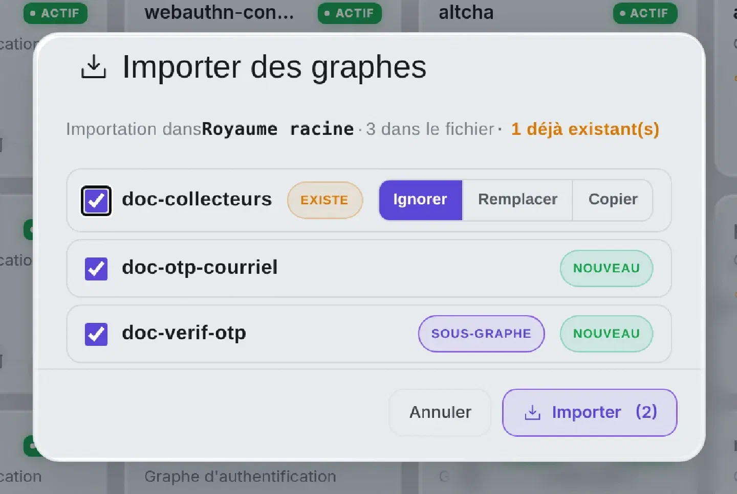 Fenêtre Importer des graphes : doc-collecteurs existe déjà avec le choix Ignorer, Remplacer, Copier ; doc-verif-otp marqué sous-graphe ; bouton Importer (2)