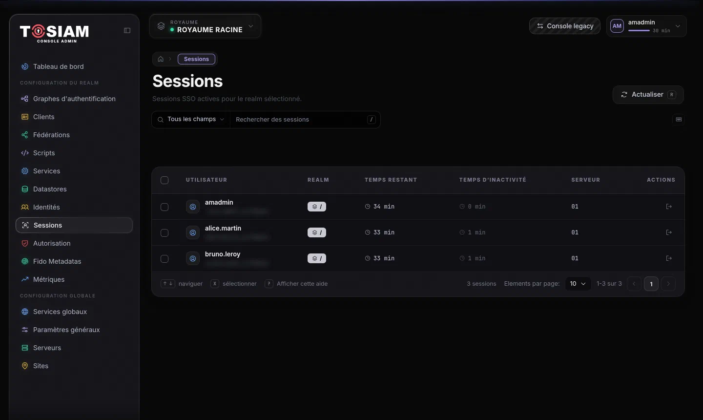 Menu Sessions de la console : trois sessions actives avec temps restant, temps d'inactivité et action d'invalidation