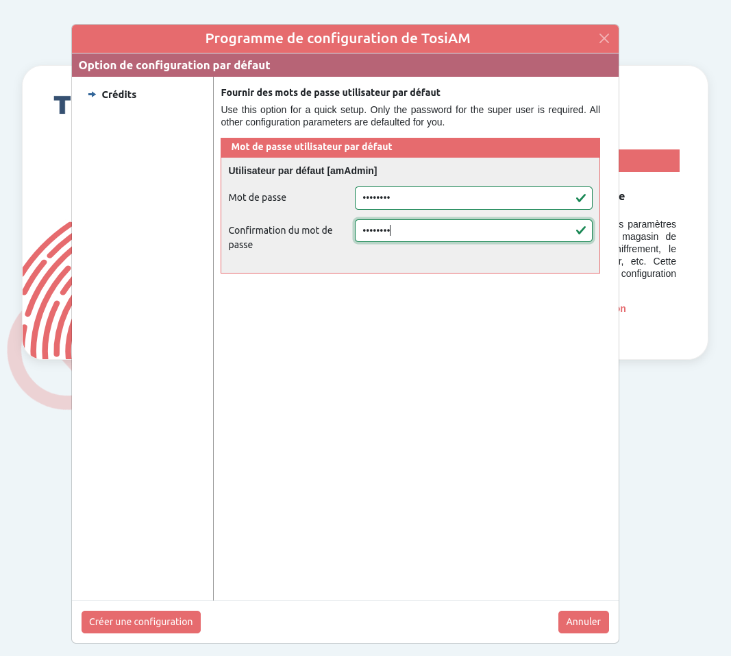 Saisie du mot de passe du compte amAdmin dans l'assistant de configuration par défaut