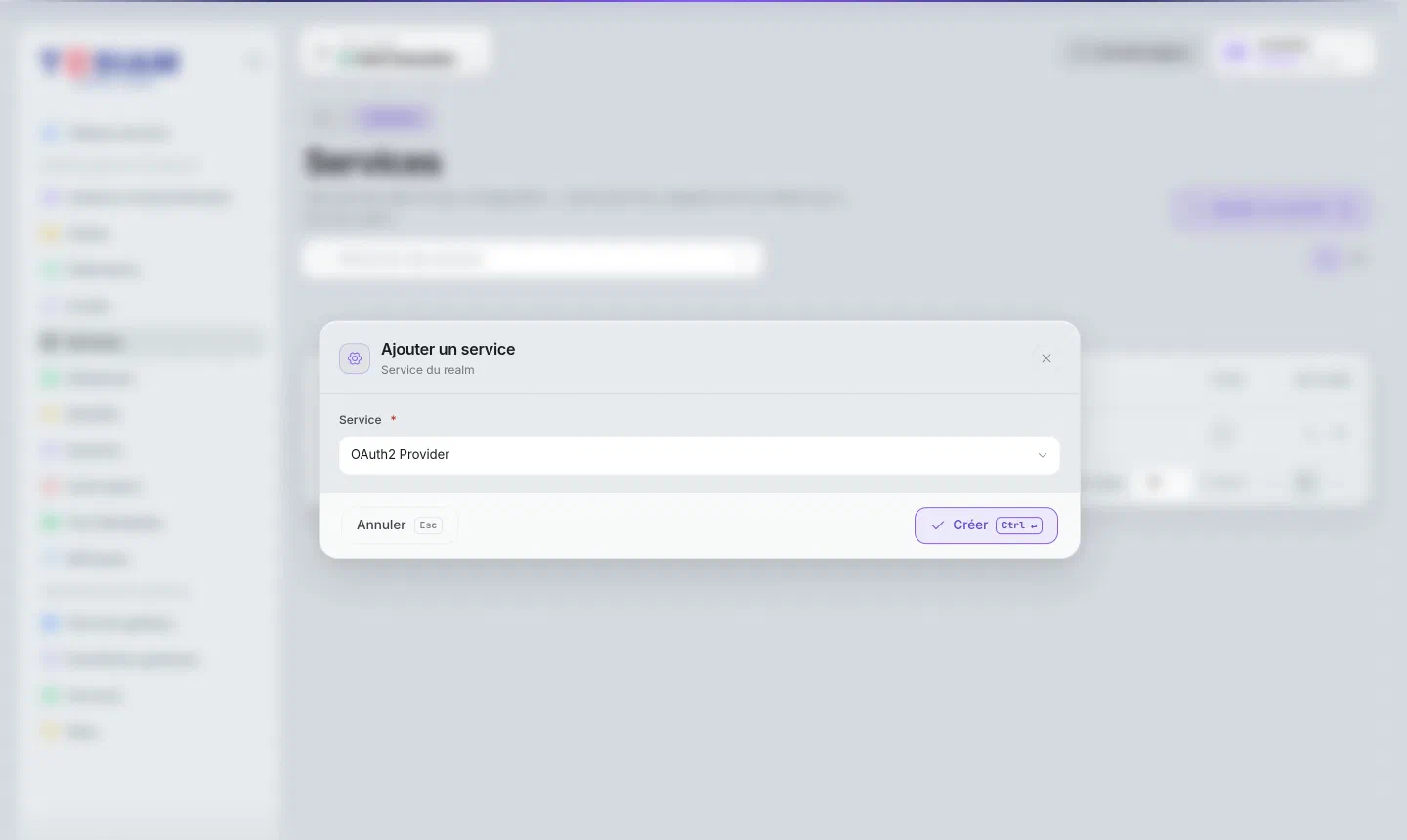 Fenêtre Ajouter un service de la console, OAuth2 Provider sélectionné