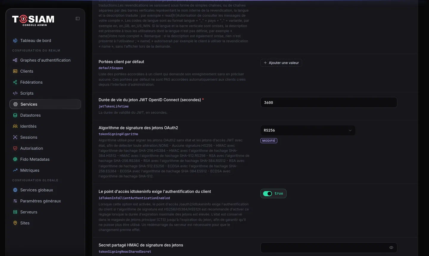 Réglages du service OAuth2 Provider : Algorithme de signature des jetons OAuth2 réglé sur RS256