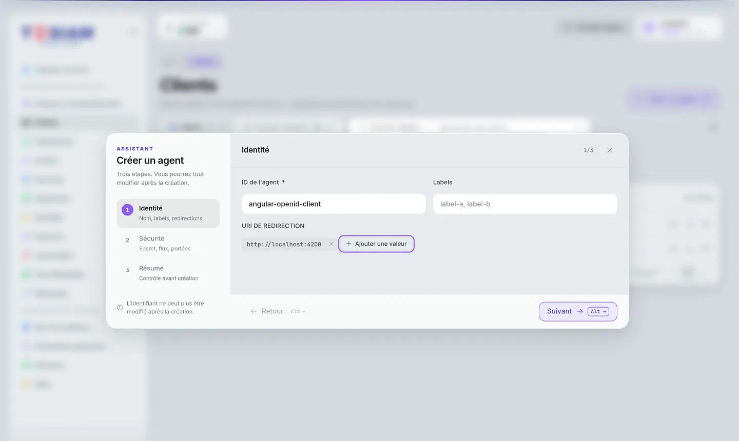 Assistant de création d'agent : identifiant angular-openid-client et URI de redirection http://localhost:4200