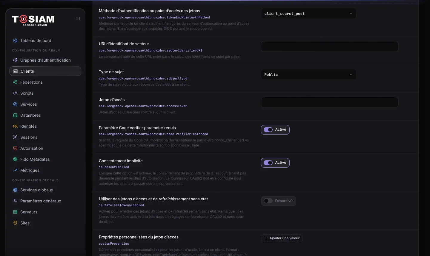 Fiche du client, onglet Avancé : méthode d'authentification client_secret_post, code verifier requis, consentement implicite activés