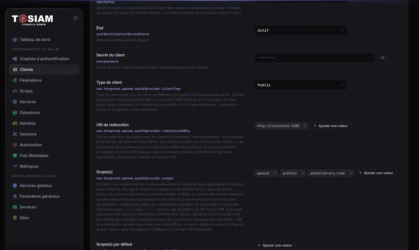 Fiche du client, onglet Général : type de client Public, URI de redirection, scopes openid, profile, photolibrary.read