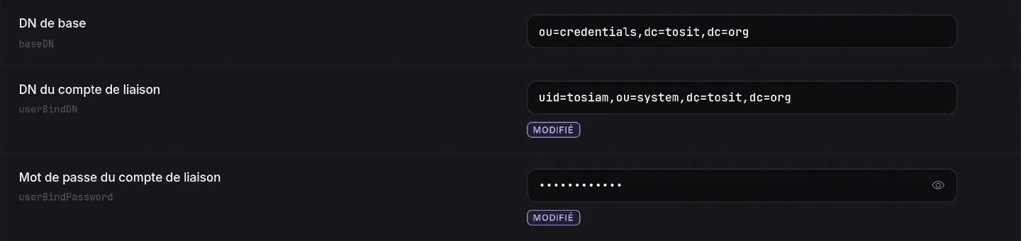 Réglages du service WebAuthn Authenticator Service : DN de base ou=credentials,dc=tosit,dc=org, DN du compte de liaison uid=tosiam,ou=system,dc=tosit,dc=org et mot de passe du compte de liaison
