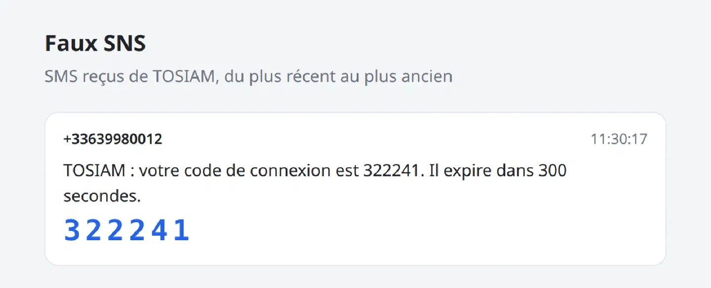 Page Faux SNS : un SMS pour +33639980012, TOSIAM : votre code de connexion est 322241. Il expire dans 300 secondes, avec le code en grand